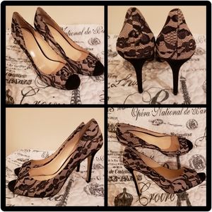 Enzo Angiolini Black Lace Maiven Peep Toe Heels